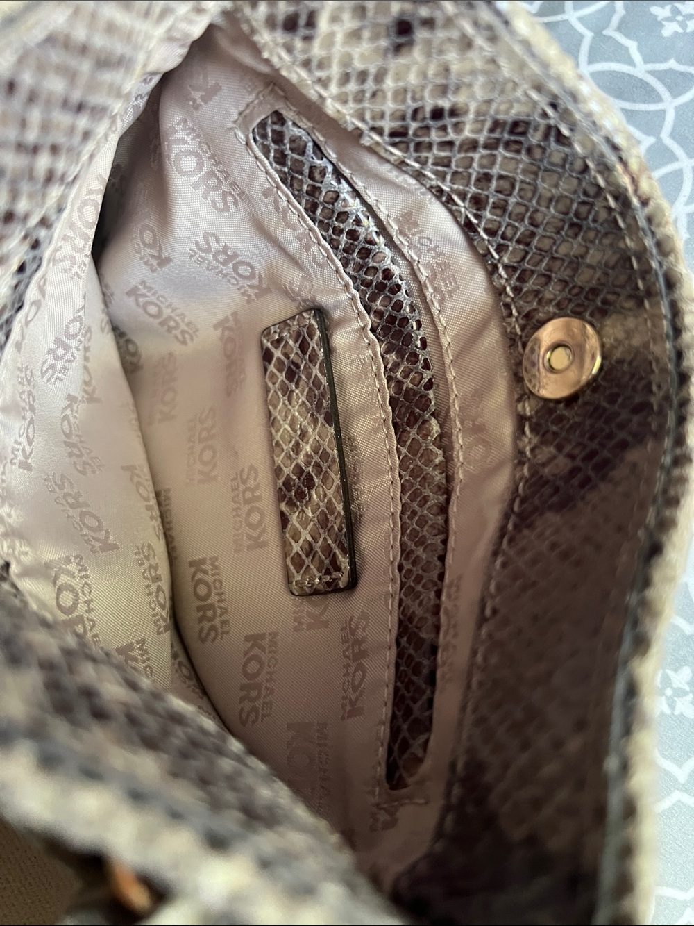 Michael Kors Taupe Snake-Print Crossbody with Gold MK Logo - Picture 4 of 4